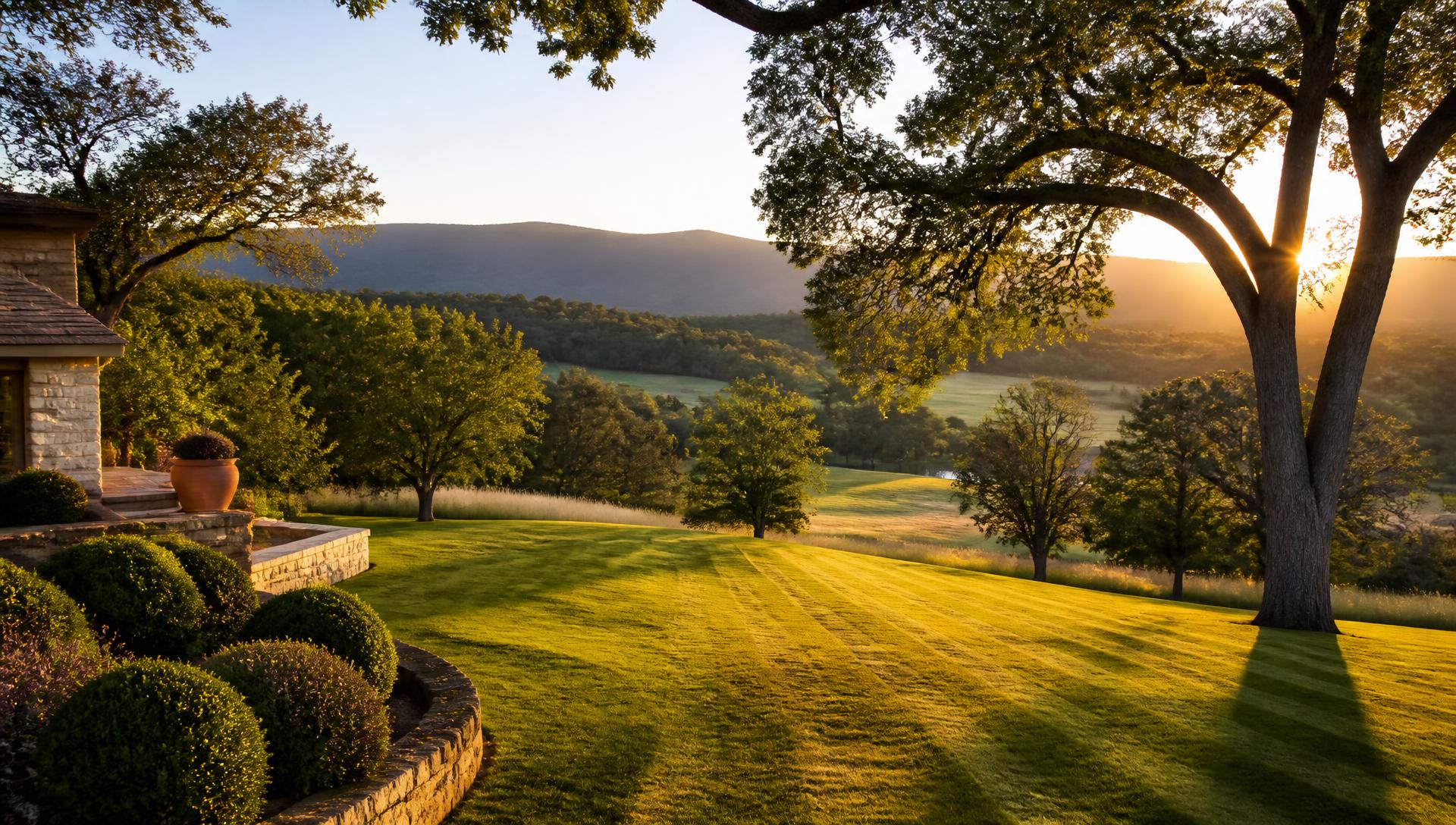 Manicured lawn and mature oak trees on a Northern California property at golden hour
