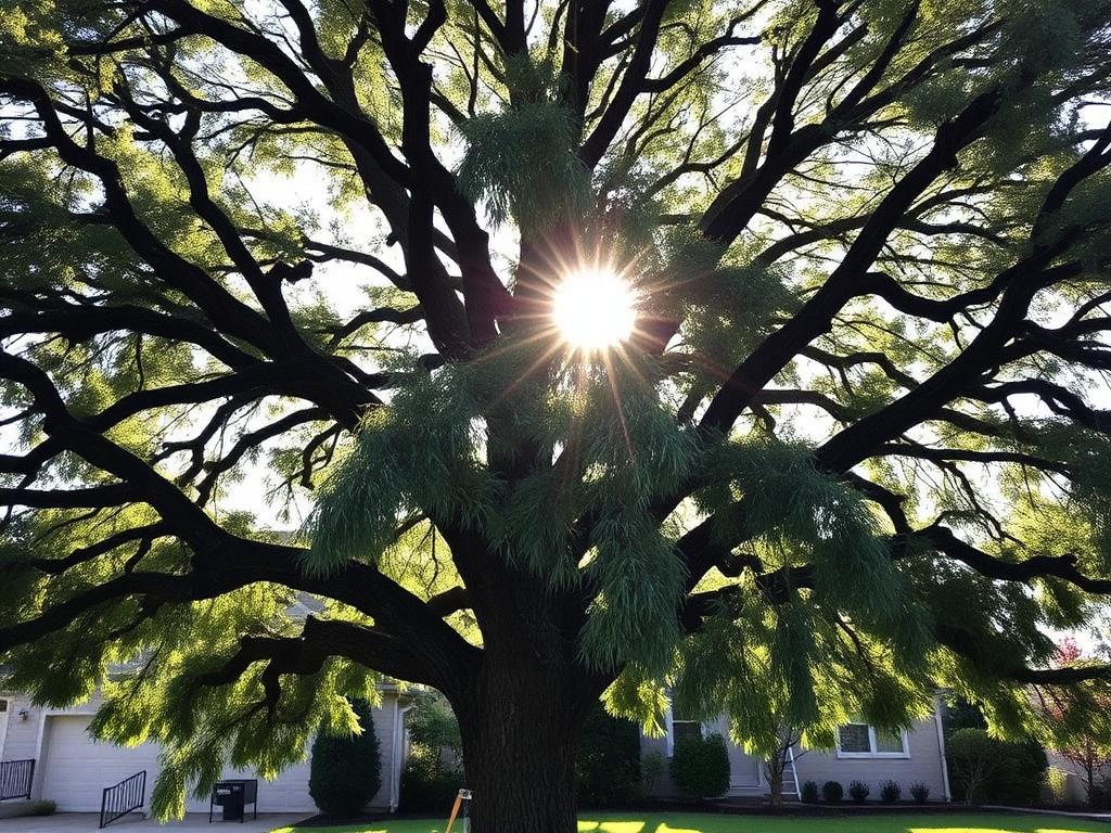 Mature shade tree with a freshly pruned canopy above a tidy yard